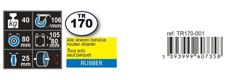 Image du produit Roulette Caoutchouc &Oslash; 80mm pivotante - Charge max 40kg - Hauteur tot. 106mm - Plateau 105 x 80 mm