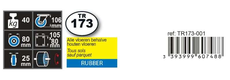 Image du produit Roulette Caoutchouc &Oslash; 80mm pivotante avec frein - Charge max 40kg - Hauteur tot. 106mm - Plateau 105 x 80 mm