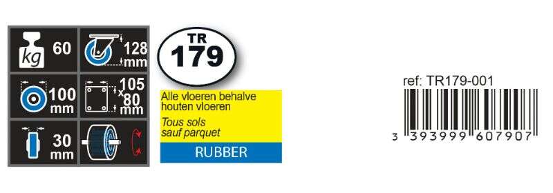 Image du produit Roulette Caoutchouc &Oslash; 100mm pivotante - Charge max 60kg - Hauteur tot. 128mm - Plateau 105 x 80 mm