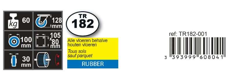 Image du produit Roulette Caoutchouc &Oslash; 100mm pivotante avec frein - Charge max 60kg - Hauteur tot. 128mm - Plateau 105 x 80 mm