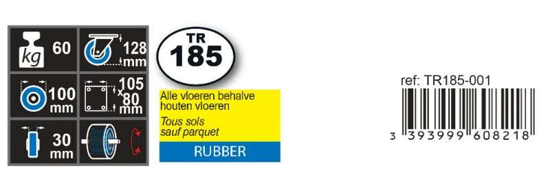 Image du produit Roulette Caoutchouc &Oslash; 100mm fixe - Charge max 60kg - Hauteur tot. 128mm - Plateau 105 x 85 mm