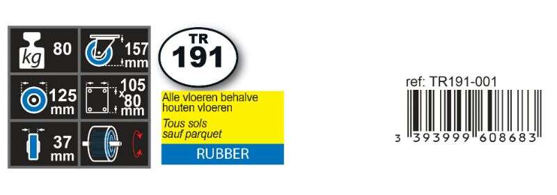 Image du produit Roulette caoutchoux &Oslash; 125mm pivotante avec frein - Charge max 80kg - Hauteur tot. 157mm - Plateau 105 x 80 mm
