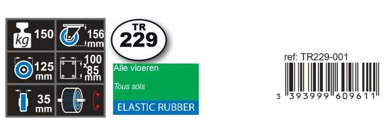 Image du produit Roulette Caoutchouc &eacute;last. &Oslash; 125mm pivotante - Charge max 150kg - Hauteur tot. 156mm - Plateau 100 x 85 mm