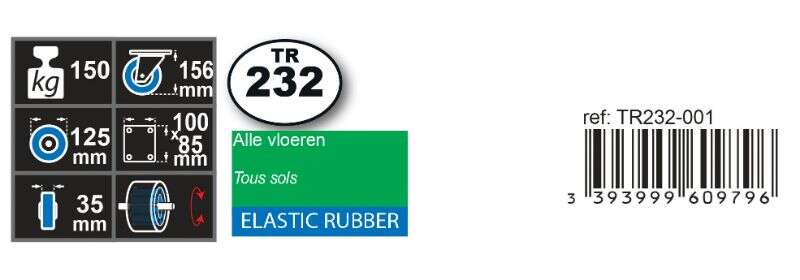 Image du produit Roulette Caoutchouc &eacute;last. &Oslash; 125mm pivot.vec frein - Charge max 150kg - Hauteur tot.156mm - Plateau 100 x 85 mm