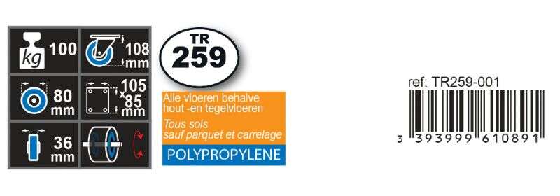 Image du produit Roulette polypropyl&egrave;ne &Oslash; 80mm fixe - Charge max 100kg- Hauteur tot. 108mm -Plateau 105 x 85 mm