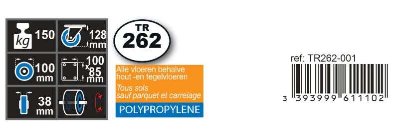 Image du produit Roulette polypropyl&egrave;ne &Oslash; 100mm pivotante - Charge max 150kg -Hauteur tot.128mm -Plateau 100 x 85 mm