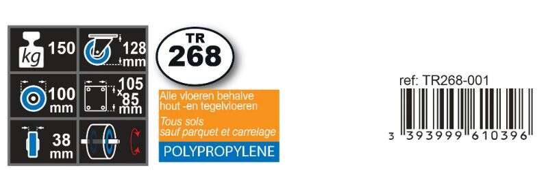 Image du produit Roulette polypropyl&egrave;ne &Oslash; 100mm fixe - Charge max 150kg - Hauteur tot. 128mm - Plateau 105 x 85 mm