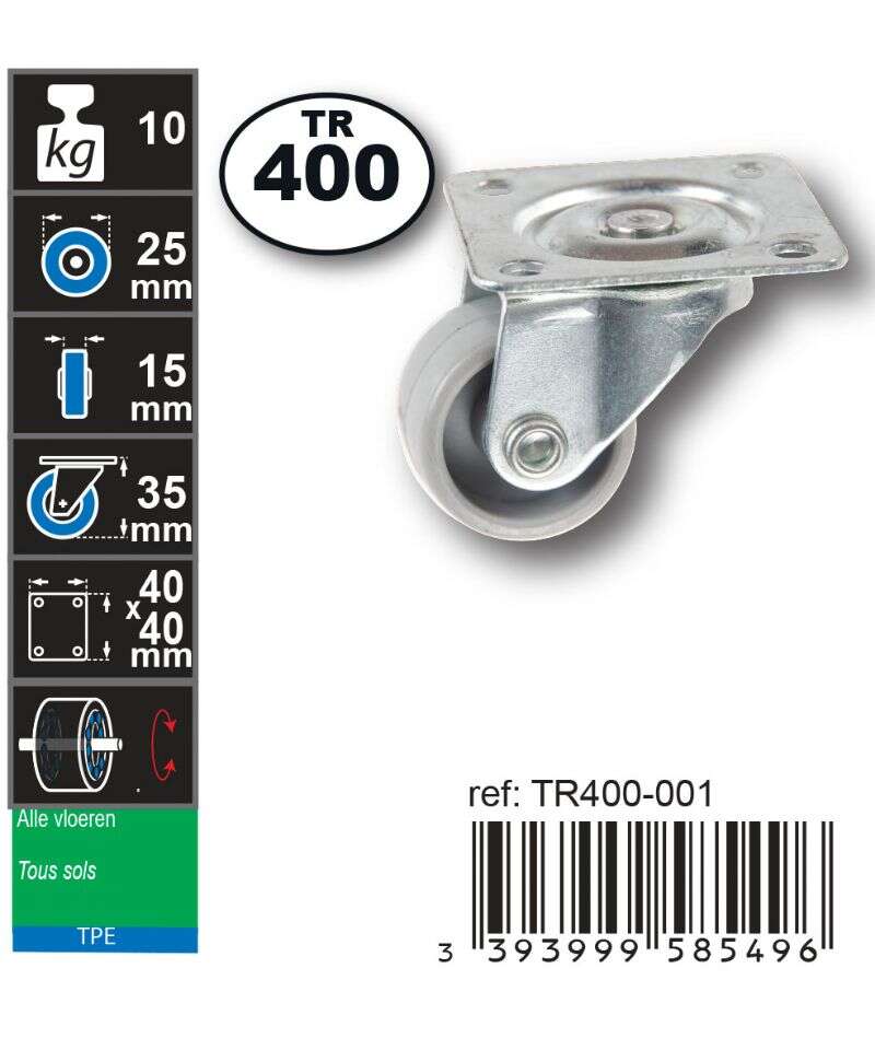 Image du produit Roulette Meuble Polypropylene &Oslash; 25mm pivotante -Charge max 10kg - Hauteur tot. 35mm - Plateau 40 x 40 mm
