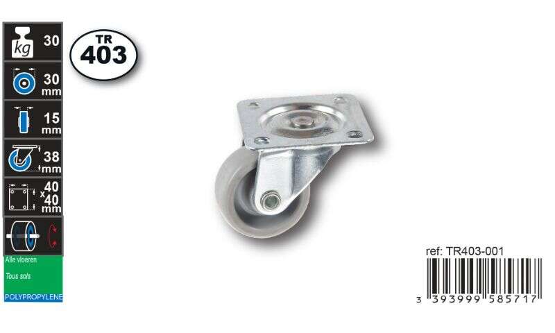 Image du produit Roulette Meuble Polypropylene &Oslash; 30mm pivotante - Charge max 30kg - Hauteur tot. 38mm - Plateau 40 x 40 mm