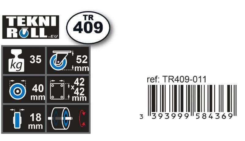 Image du produit Roulettes meuble Polypropylene &Oslash; 40mm pivotante - Charge max 35 Kg - Hauteur tot.50mm - Plateau 42x42mm (12 pi&egrave;ces)
