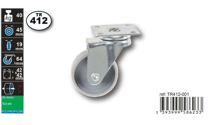 Image du produit Roulette Meuble PP (polypropylene) &Oslash; 45mm pivotante - Charge max 40kg - Hauteur tot. 64mm - Plateau 42 x 42 mm