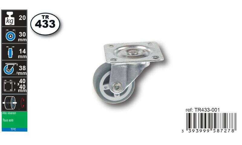 Image du produit Roulette Meuble Thermoplast. Rubber &Oslash; 30mm pivotante - Charge max 20kg - Hauteur tot. 38mm - Plateau 40 x 40 mm