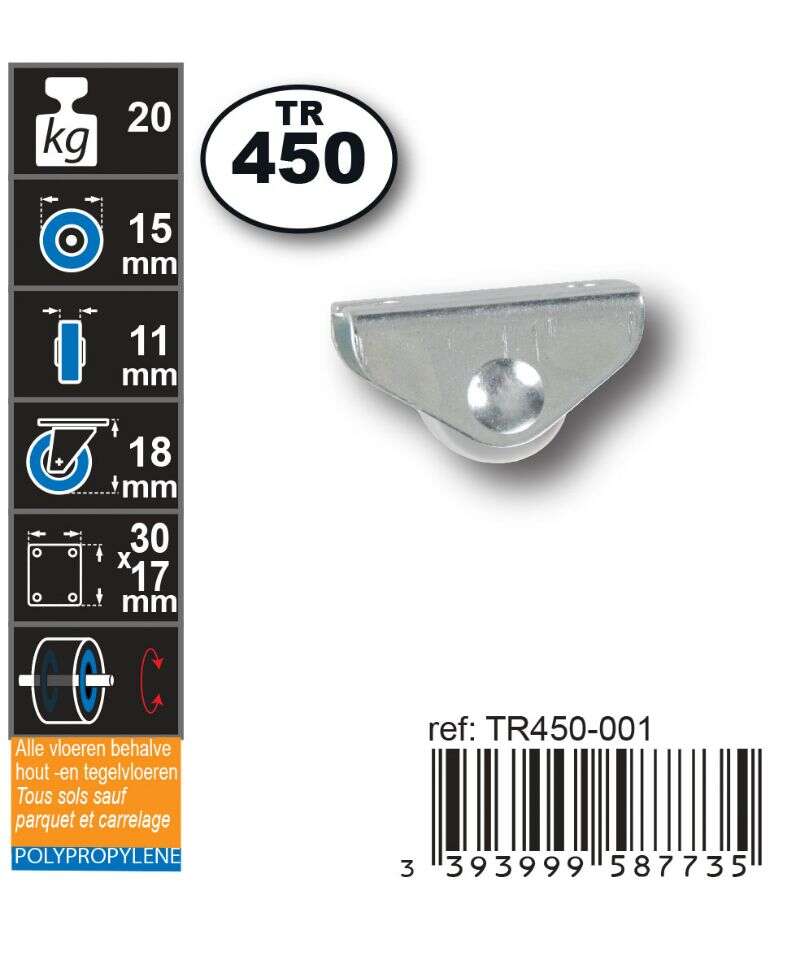 Image du produit Roulette Meuble PP (polypropylene) &Oslash; 15mm fixe - Charge max 20kg - Hauteur tot. 18mm -Plateau 30 x 17 mm