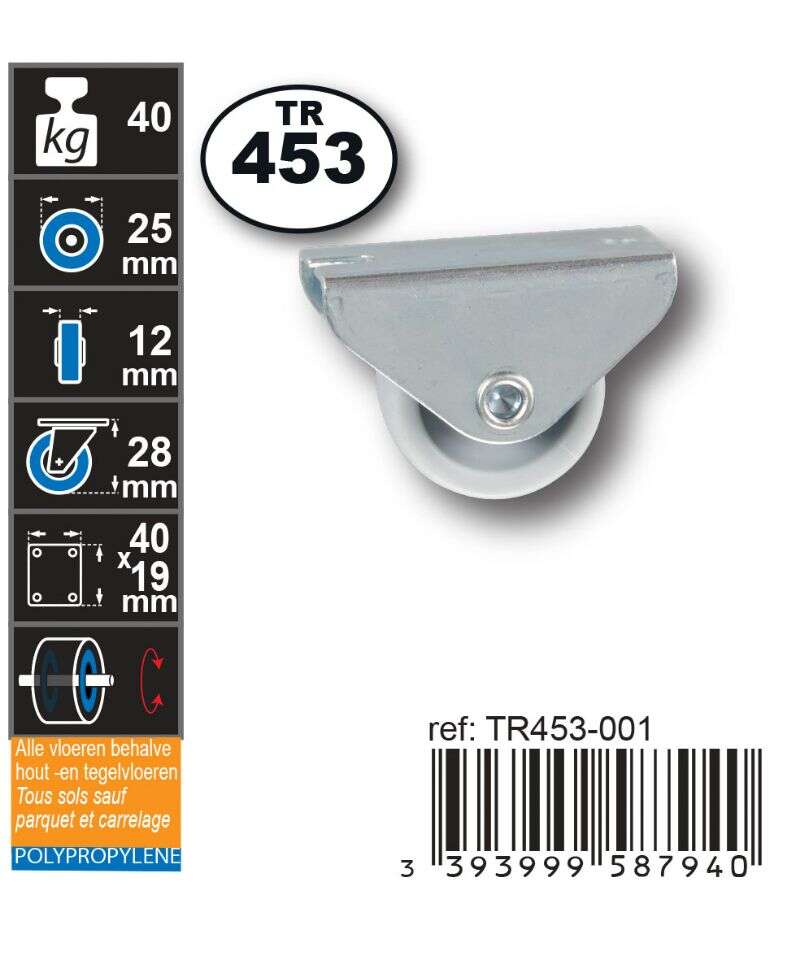 Image du produit Roulette Meuble PP (polypropylene) &Oslash; 25mm fixe - Charge max 40kg - Hauteur tot. 28mm - Plateau 40 x 19 mm