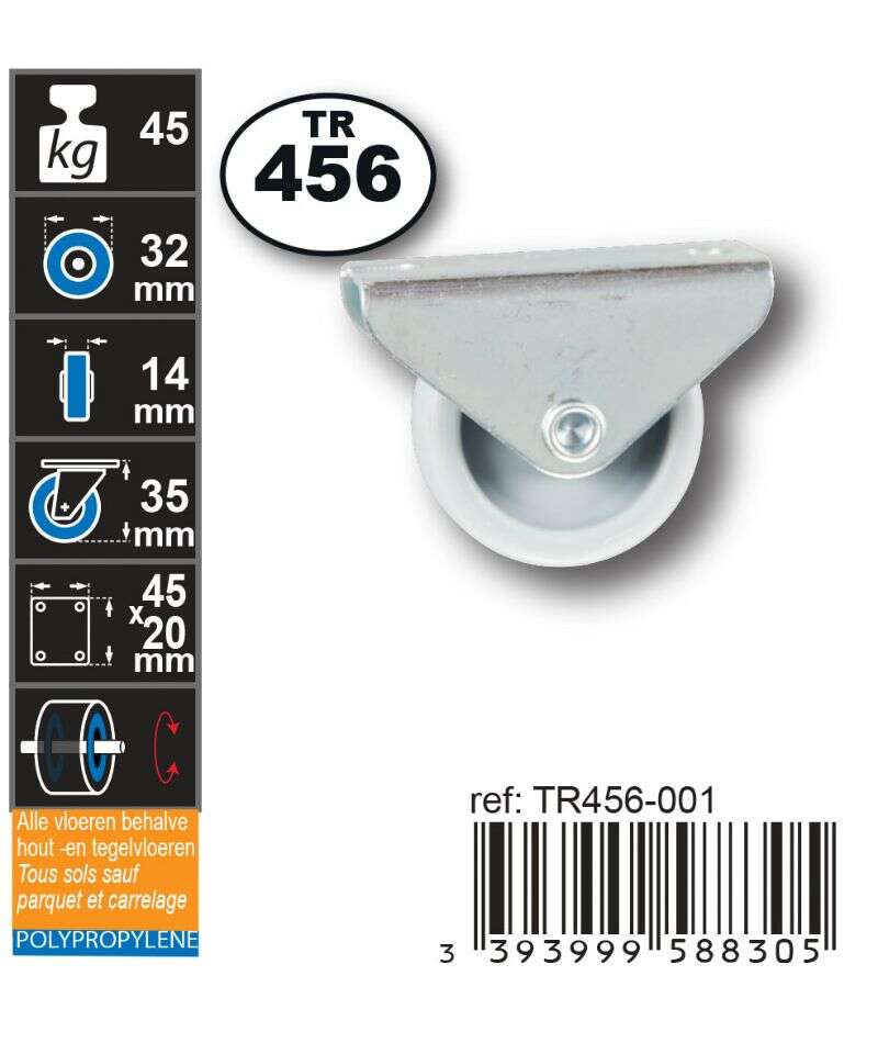 Image du produit Roulette Meuble PP (polypropylene) &Oslash; 32mm fixe - Charge max 45kg - Hauteur tot. 35mm -Plateau 45 x 20 mm