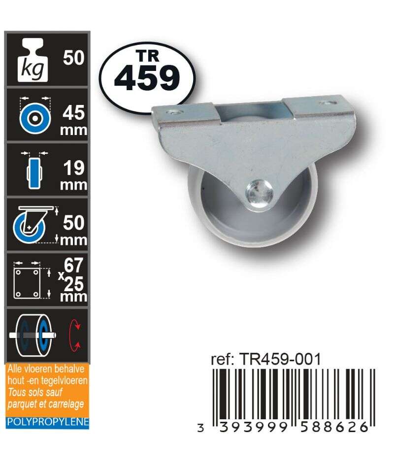 Image du produit Roulette Meuble PP (polypropylene) &Oslash; 45mm fixe- Charge max 50kg - Hauteur tot. 50mm - Plateau 67 x 25 mm