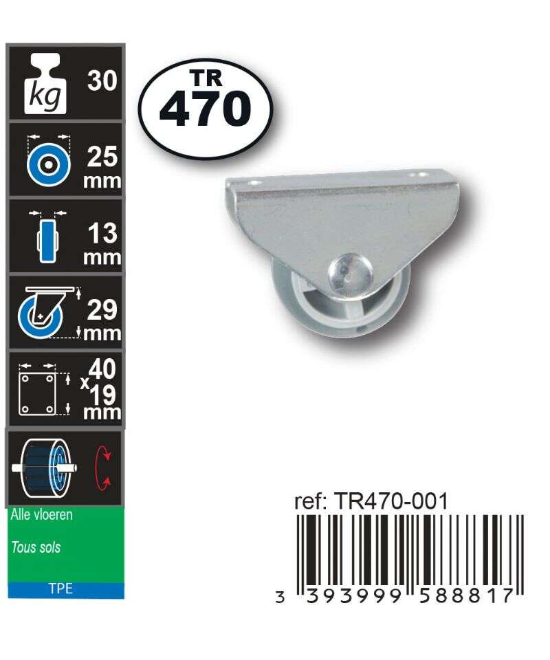Image du produit Roulette Meuble Thermoplast. Rubber &Oslash; 25mm fixe - Charge max 30kg - Hauteur tot. 29mm - Plateau 40 x 19 mm