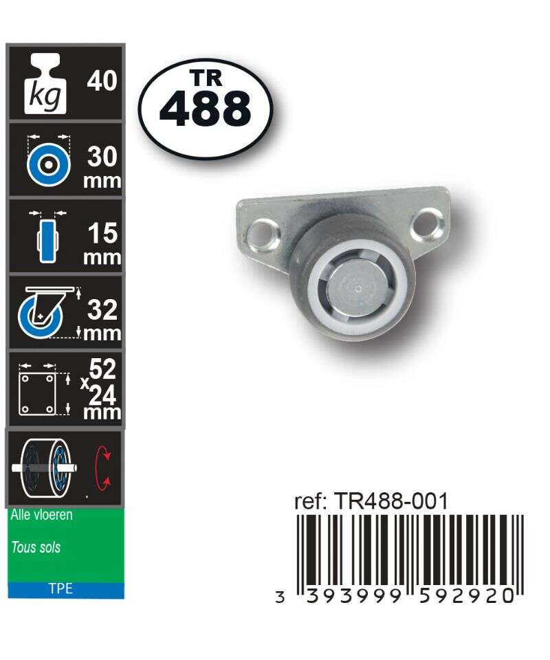 Image du produit Roulette Later&eacute;ale Thermoplastic Rubber &Oslash; 30mm Charge max 40kg - Hauteur tot. 32mm - Plateau 52 x 24 mm