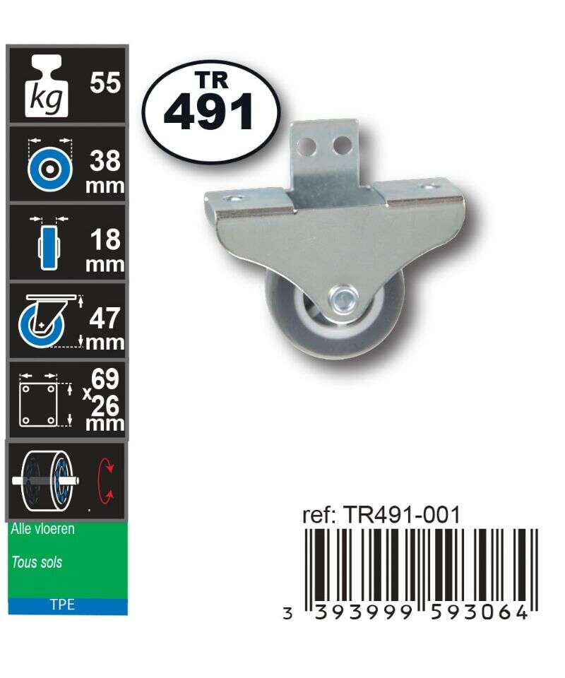 Image du produit Roulette Lat&eacute;rale Thermoplastic Rubber &Oslash; 38mm - Charge max 55kg - Hauteur tot. 45mm - Plateau 68 x 26 mm