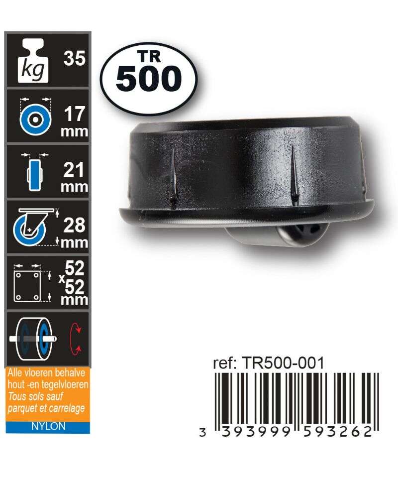 Image du produit Roulette &agrave; Encastrer PP (polypropylene) &Oslash; 17mm pour sol souples - Charge max 35kg - Hauteur tot. 28mm - Plateau 52mm