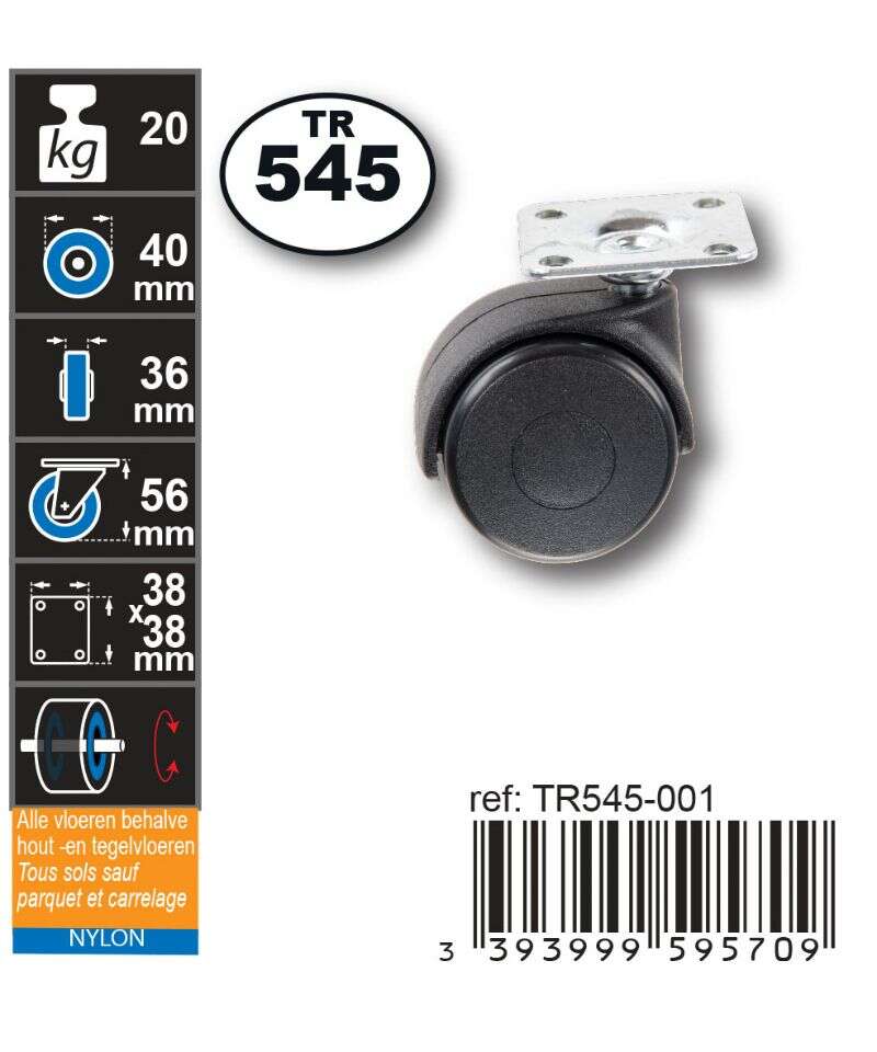Image du produit Roulette Double Polyamide &Oslash; 40mm sur plaque -Charge max 20kg - Hauteur tot. 56mm -Plateau 38 x 38 mm