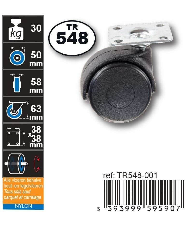 Image du produit Roulette Double Polyamide &Oslash; 50mm sur plaque - Charge max 30kg - Hauteur tot. 63mm - Plateau 38 x 38 mm