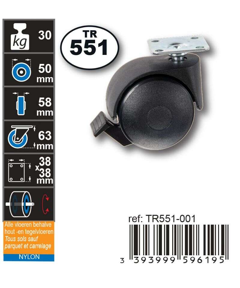Image du produit Roulette Double Polyamide &Oslash; 50mm sur plaque avec frein - Charge max 30kg - Hauteur tot. 63mm - Plateau 38 x 38 mm
