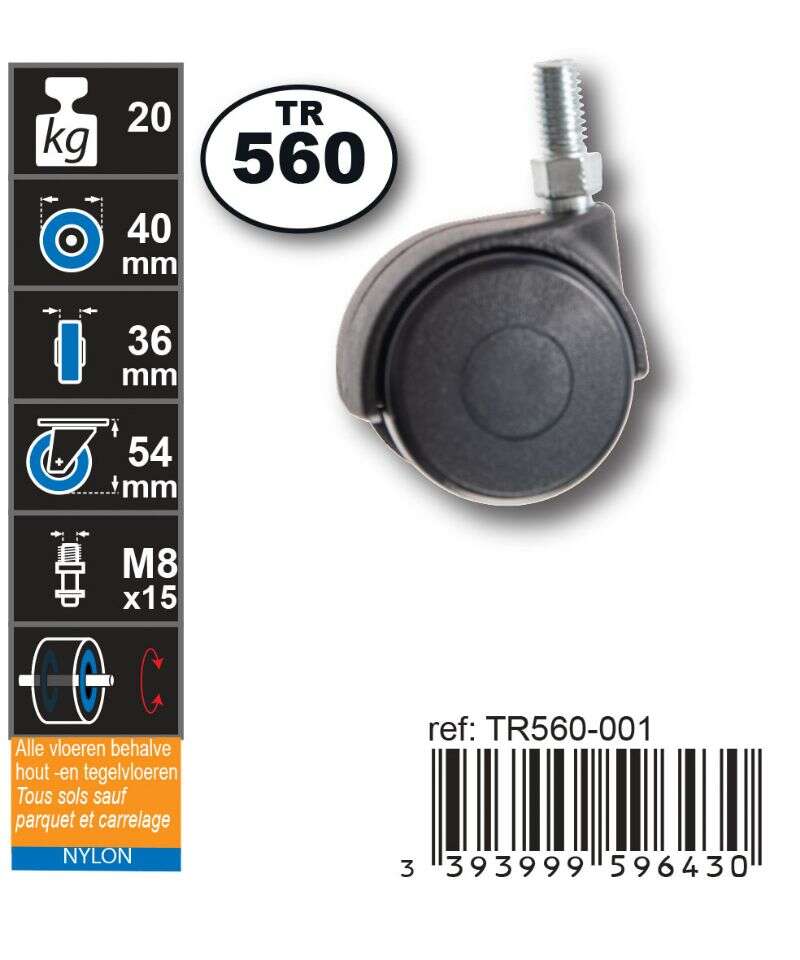Image du produit Roulette Double Polyamide &Oslash; 40mm sur tige - Charge max 20kg - Hauteur tot. 54 mm