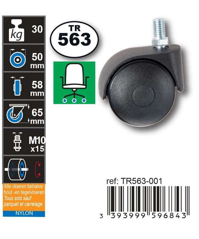 Image du produit Roulette Double Polyamide &Oslash; 40mm sur tige filet&eacute; - Charge max 30kg - Hauteur tot. 65 mm