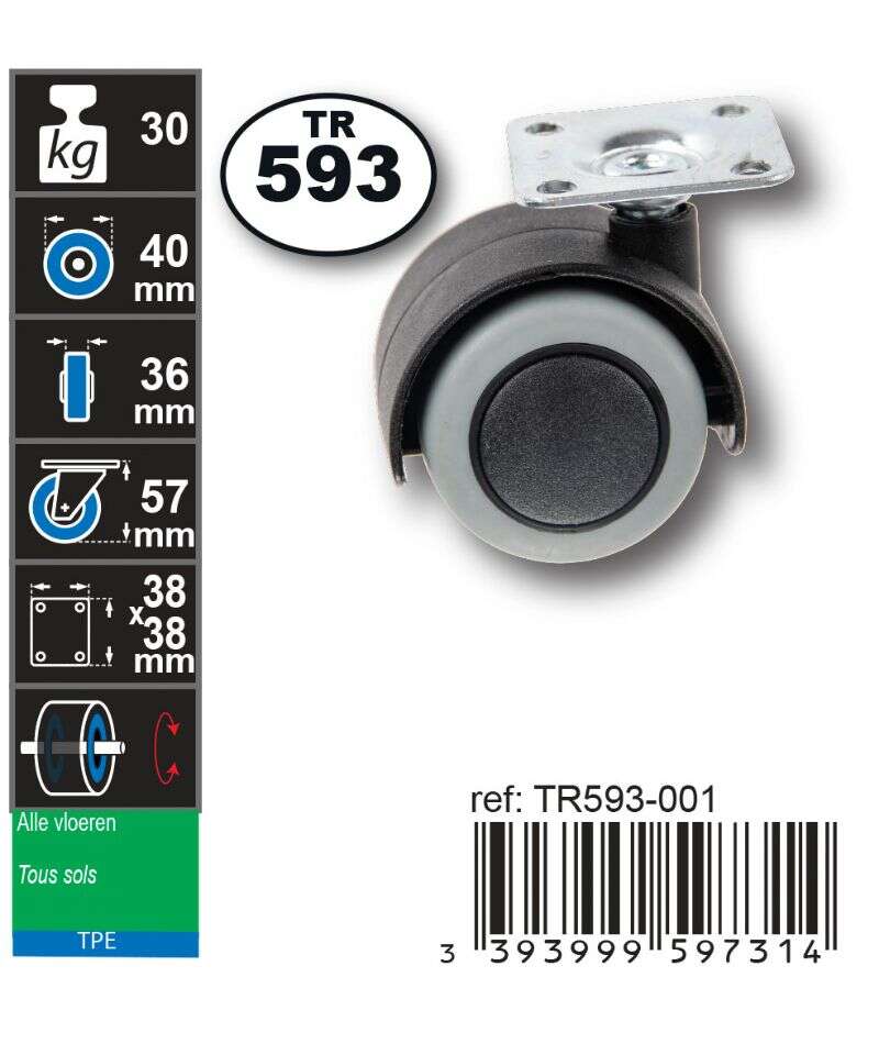 Image du produit Roulette Double Thermoplast. Rubber &Oslash; 40mm sur plaque - Charge max 30kg - Hauteur tot. 57mm - Plateau 38 x 38 mm