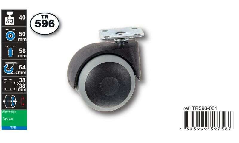 Image du produit Roulette Double Thermoplast. Rubber &Oslash; 50mm sur plaque - Charge max 40kg - Hauteur tot. 64mm - Plateau 38 x 38 mm