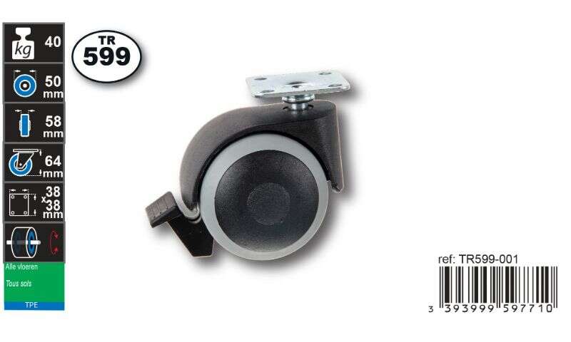 Image du produit Roulette Double Thermoplast. Rubber &Oslash; 50mm plaque - frein - Charge max 40kg - Hauteur tot.64mm -Plateau 38 x 38 mm