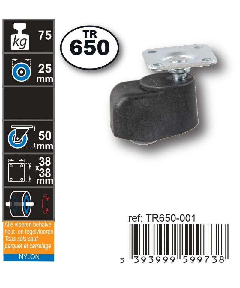 Image du produit Roulette Cylindrique Polypropyl&egrave;ne &Oslash; 25mm - sols souples - Charge max 75kg - Hauteur tot. 50mm - Plateau 38 x 38 mm
