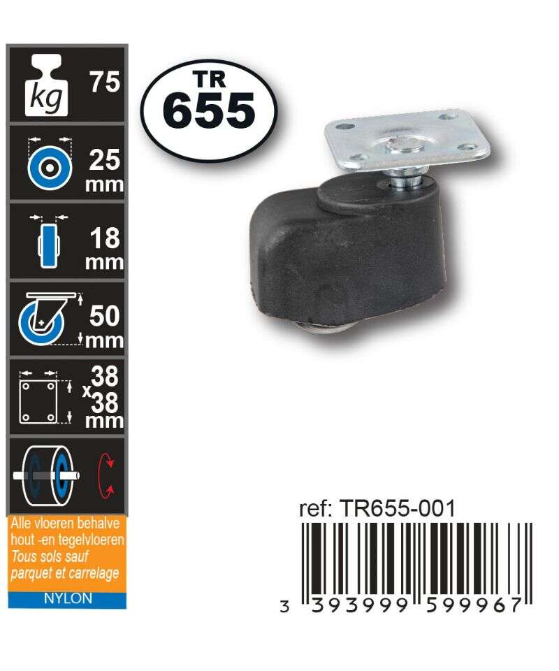 Image du produit Roulette Cylindrique Polypropyl&egrave;ne &Oslash; 25mm pour sols durs - Charge max 75kg - Hauteur tot. 50mm - Plateau 38 x 38 mm