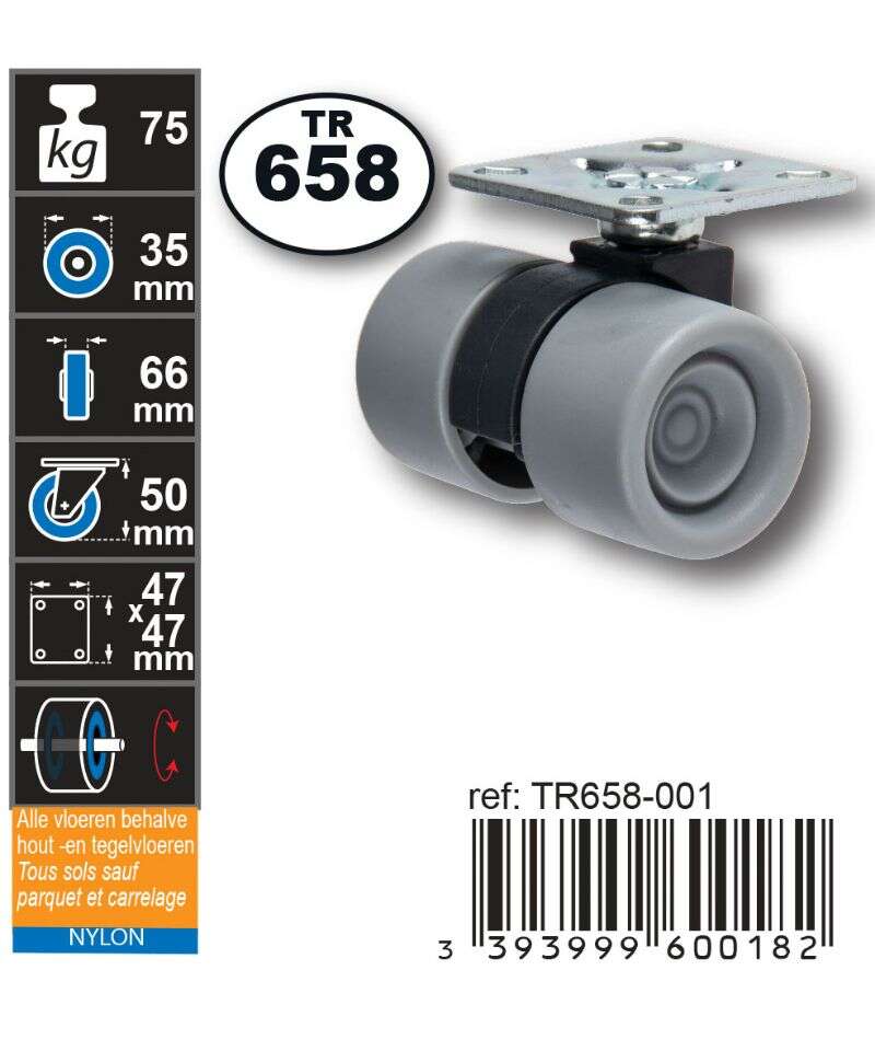Image du produit Roulette Double Polypropyl&egrave;ne &Oslash; 35mm sur plaque - Charge max 75kg- Hauteur tot. 50mm - Plateau 47 x 47 mm
