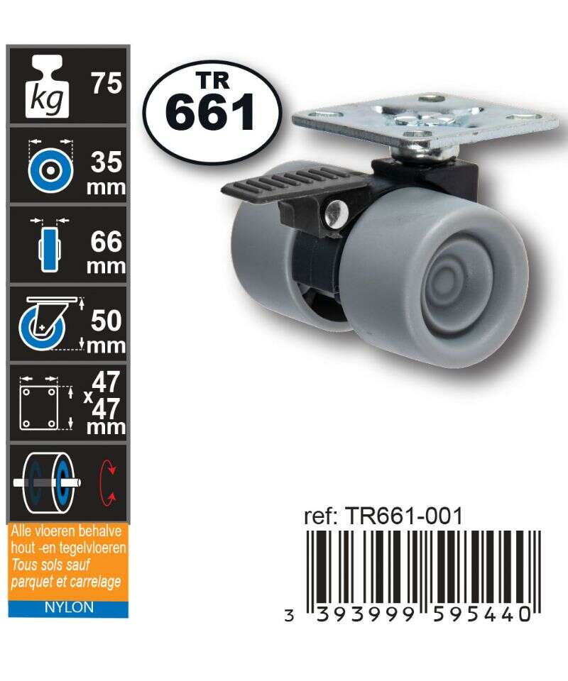 Image du produit Roulette Double Polypropyl&egrave;ne &Oslash; 35mm plaque avec frein -Charge max 75kg - Hauteur tot. 50mm - Plateau 47 x 47 mm