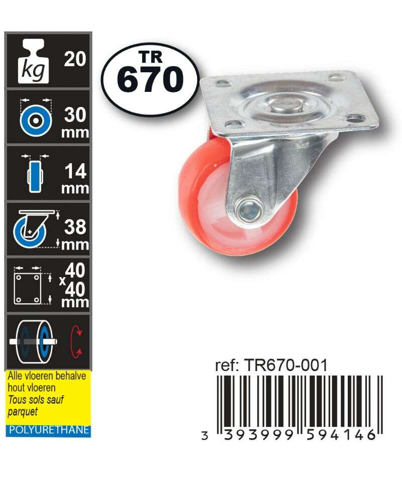 Image du produit Roulette Double PU (polyureth.) &Oslash; 30mm Orange sur plaque - Charge max 20kg- Hauteur tot. 38mm - Plateau 40 x 40 mm