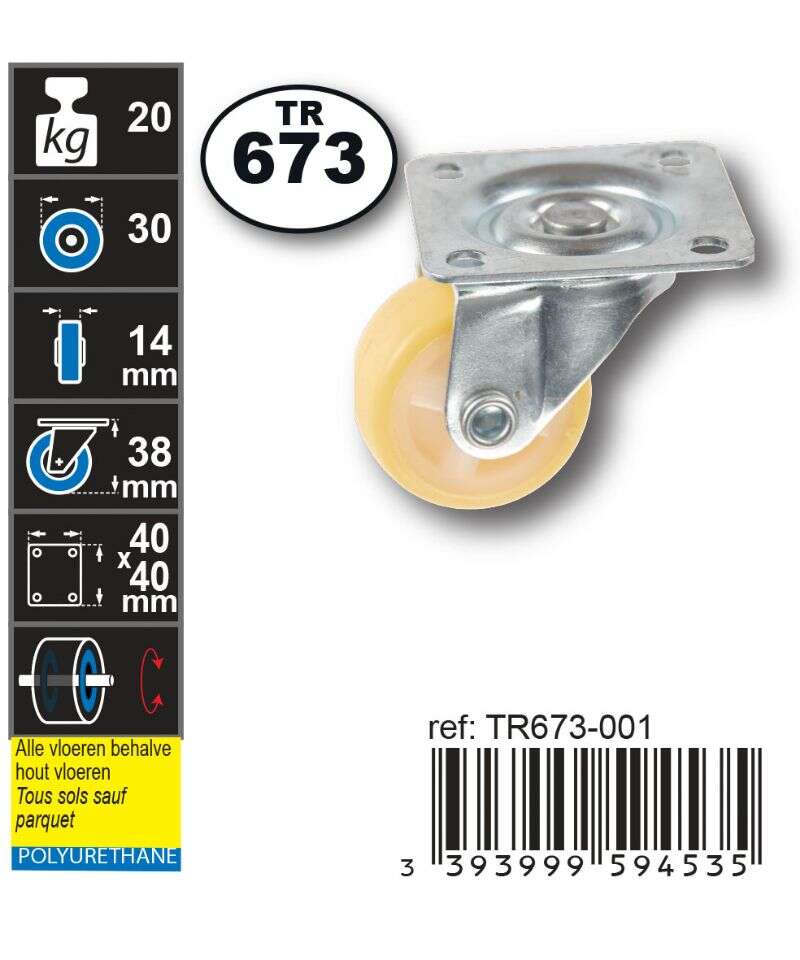Image du produit Roulette Double PU (polyureth.) &Oslash; 30mm Jaune sur plaque - Charge max 20kg - Hauteur tot. 38mm - Plateau 40 x 40 mm