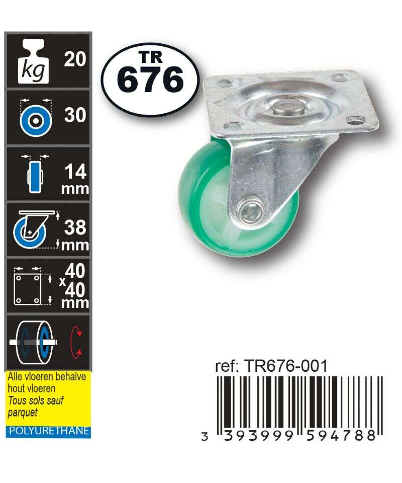 Image du produit Roulette Double PU (polyureth.) &Oslash; 30mm Verte sur plaque -Charge max 20kg - Hauteur tot. 38mm - Plateau 40 x 40 mm