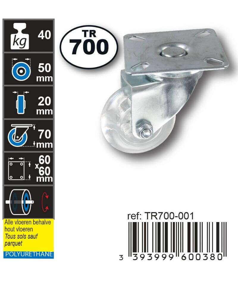 Image du produit Roulette Design &Oslash; 50mm pivotante - Charge max 40kg - Hauteur tot. 70mm - Plateau 60 x 60 mm