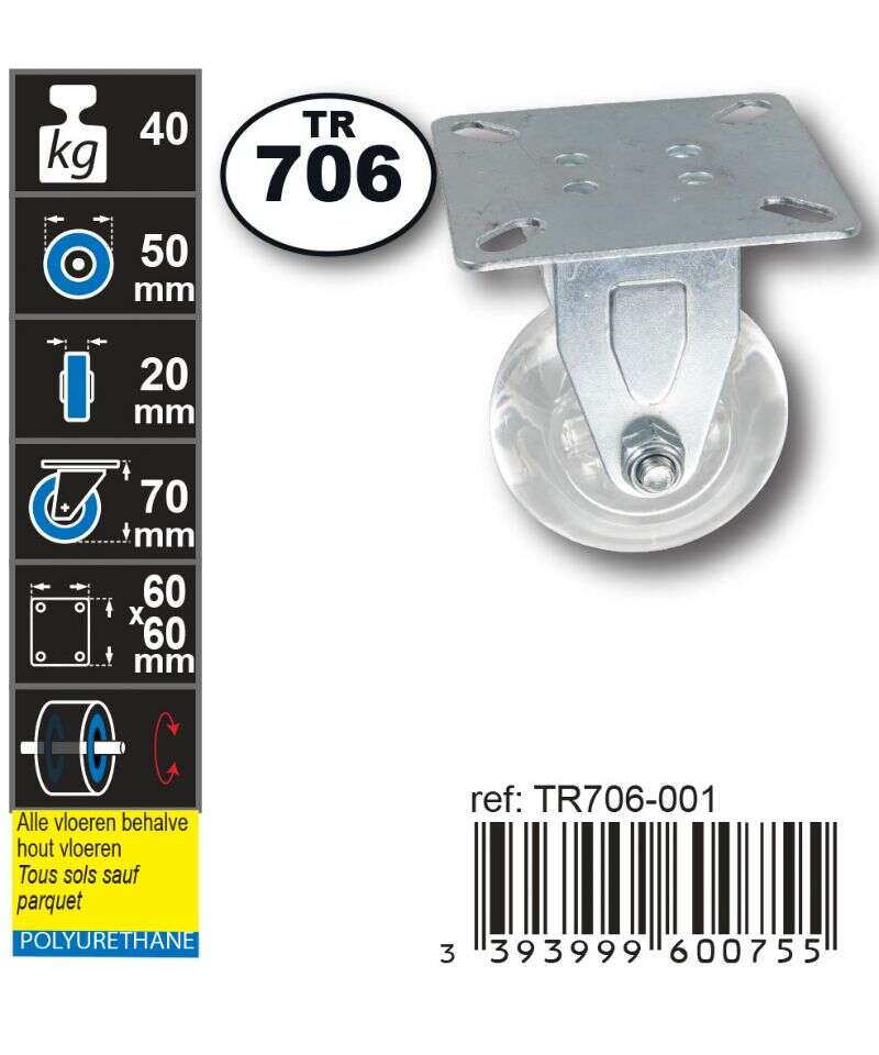 Image du produit Roulette Design &Oslash; 50mm fixe , charge max 40kg, hauteur tot. 70mm, plateau 60x60mm TR706-001