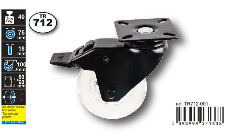 Image du produit Roulette Design &Oslash; 75 mm pivotante avec frein - Charge max 40kg - Hauteur tot. 100mm - Plateau 60 x 60 mm