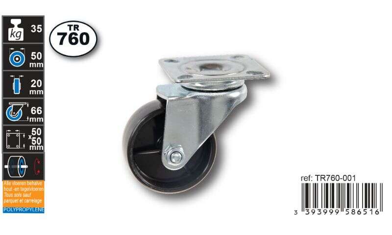 Image du produit Roulette PP (polypropylene) &Oslash; 50mm pivotante - Charge max 35kg - Hauteur tot. 66mm - Plateau 50 x 50 mm