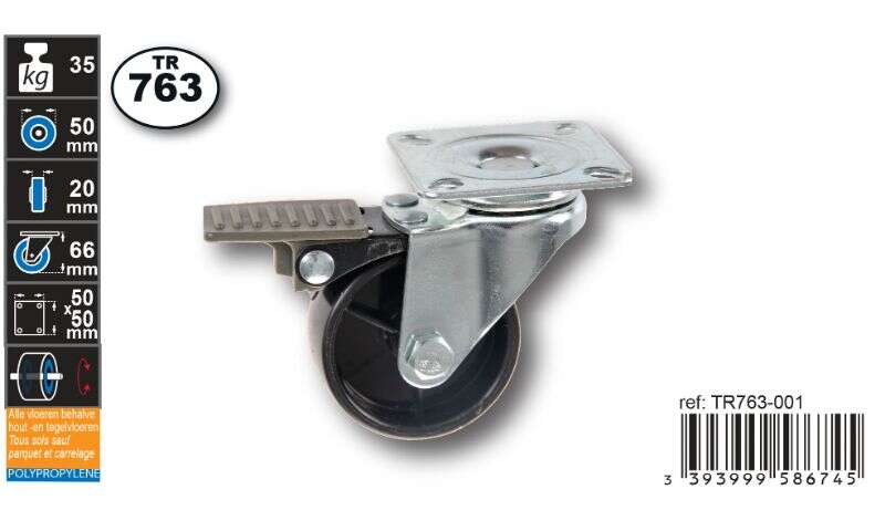 Image du produit Roulette PP (polypropylene) &Oslash; 50mm avec frein - Charge max 35kg - Hauteur tot. 66mm - Plateau 50 x 50 mm