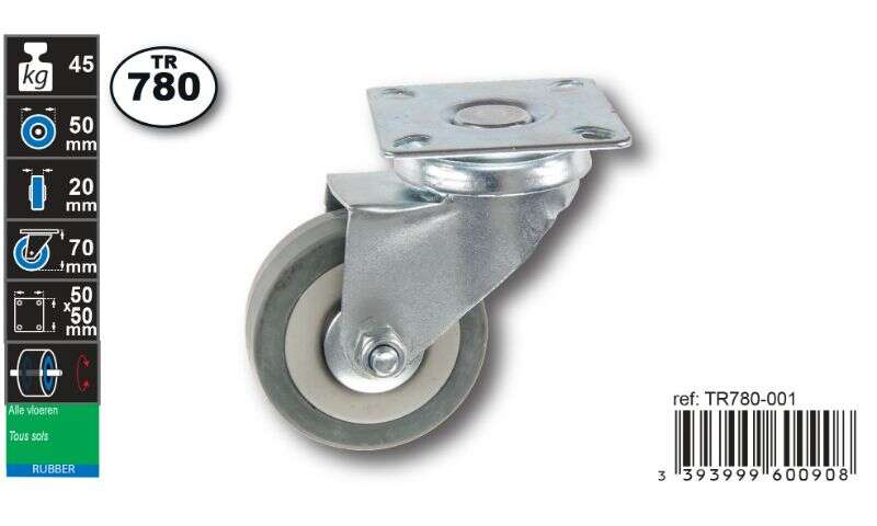 Image du produit Roulette Caoutchouc &Oslash; 50mm pivotante -Charge max 45kg - Hauteur tot. 70mm - Plateau 50 x 50 mm