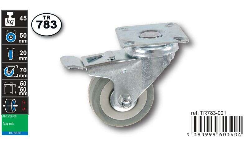 Image du produit Roulette Caoutchouc &Oslash; 50mm pivotante avec frein - Charge max 45kg - Hauteur tot. 70mm - Plateau 50 x 50 mm