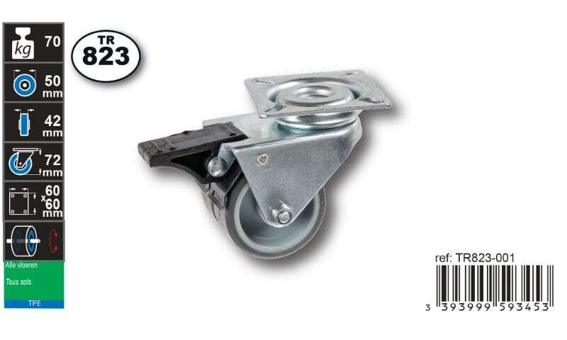 Image du produit Roulette Double Thermoplast. Rubber &Oslash; 50mm pivot. frein - Charge max 70kg - Hauteur tot.72mm - Plateau 60 x 60 mm