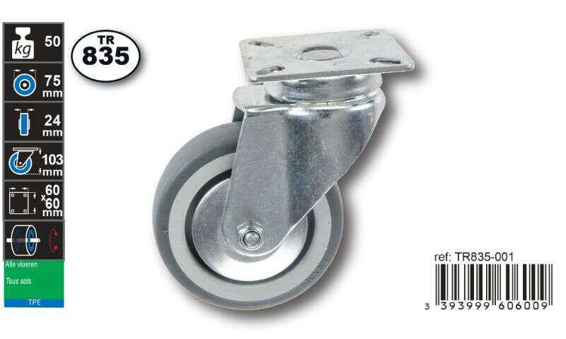 Image du produit Roulette Thermoplast. Rubber &Oslash; 75mm pivotante - Charge max 50kg - Hauteur tot. 103mm - Plateau 60 x 60 mm
