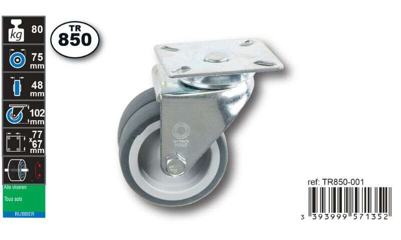 Image du produit Roulette Double Thermoplast. Rubber &Oslash; 75mm pivotante - Charge max 80kg - Hauteur tot. 102mm - Plateau 77 x 67 mm