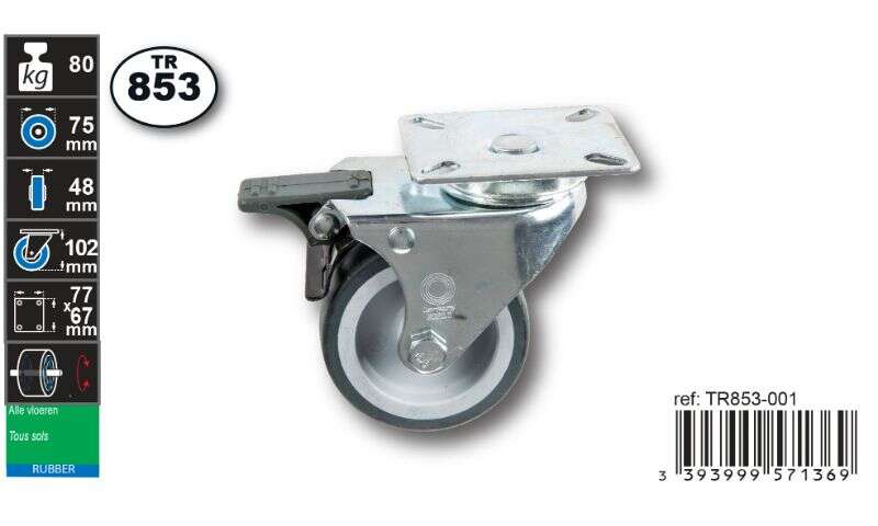 Image du produit Roulette Double Thermoplast. Rubber &Oslash; 75mm pivot. - frein - Charge max 80kg - Hauteur tot. 102mm - Plateau 77 x 67 mm